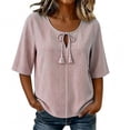 thumbnail image 5 of Feancey Women's Striped Tops Tassel Tie Front Half Sleeve Summer Blouse Casual Loose Fit Crew Neck Shirts Breathable Lightweight Beach Vacation Tshirt Pink L, 5 of 7