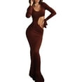thumbnail image 2 of Women'S Temperament Fashion Hollow Slim U-Neck Long Sleeve Dress Autumn Cocktail Dress Dark Brown S, 2 of 9
