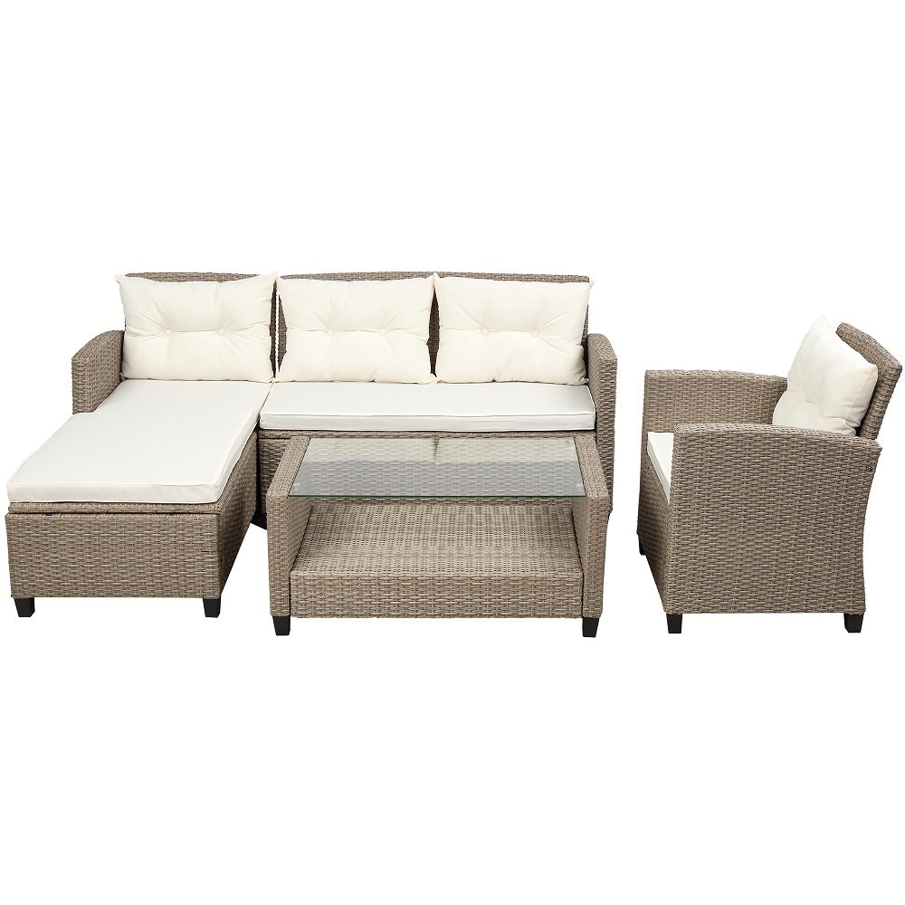 4 Piece Outdoor Patio Sofa Set, SEGMART Wicker Outdoor Furniture Set w/ Coffee Table, Patio Conversation Set w/ Cushions and Sofa Chair, Outdoor Sectional Couch for Lawn Garden Poolside, Beige, H270 - image 5 of 9