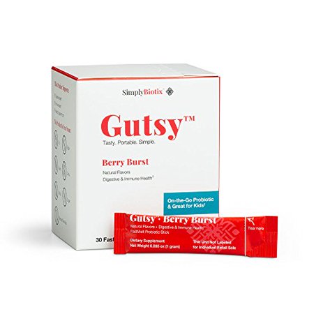 SimplyBiotix Gutsy FastMelt Sticks with 2 Clinically Studied Probiotic Strains, 3 Billion CFU in an On-The-Go Probiotic Powder Packet - Tasty Berry Burst Flavor (30 Digestive Health Probiotic Sticks)