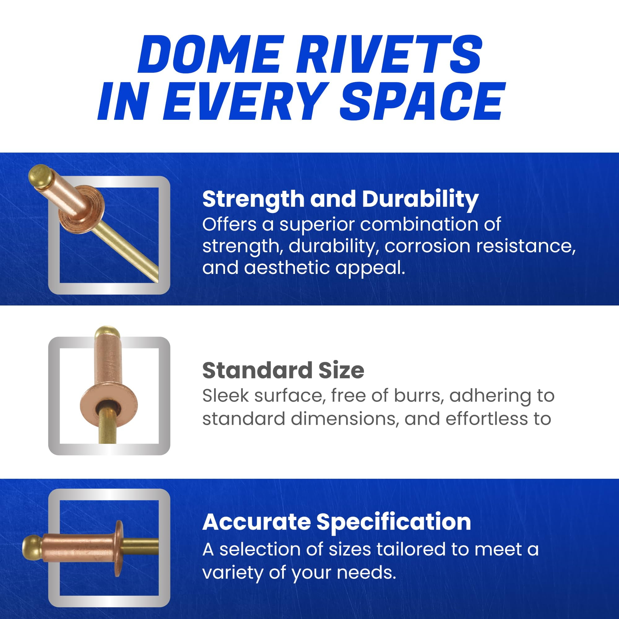 Fastenere Copper Pop Rivets - 1/8" x 3/16" (100 Pack) Copper Body Brass Mandrel, Heavy Duty, Open-End, Dome-Head Blind Rivets, Corrosion-Resistant & High Shear Strength, 4-3 Gap .126" - .187"