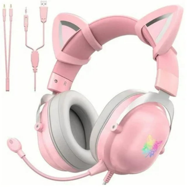 audífonos diadema microfono auriculares gamer petukita box x11 rosa luz led, audífonos on-ear rosa con diadema acolchada y orejeras circulares, micrófono flexible, cable alambrico con USB y conector jack, copas con luces LED y detalles de orejas tipo gato; también adecuados para chat de juego y streaming ligero.