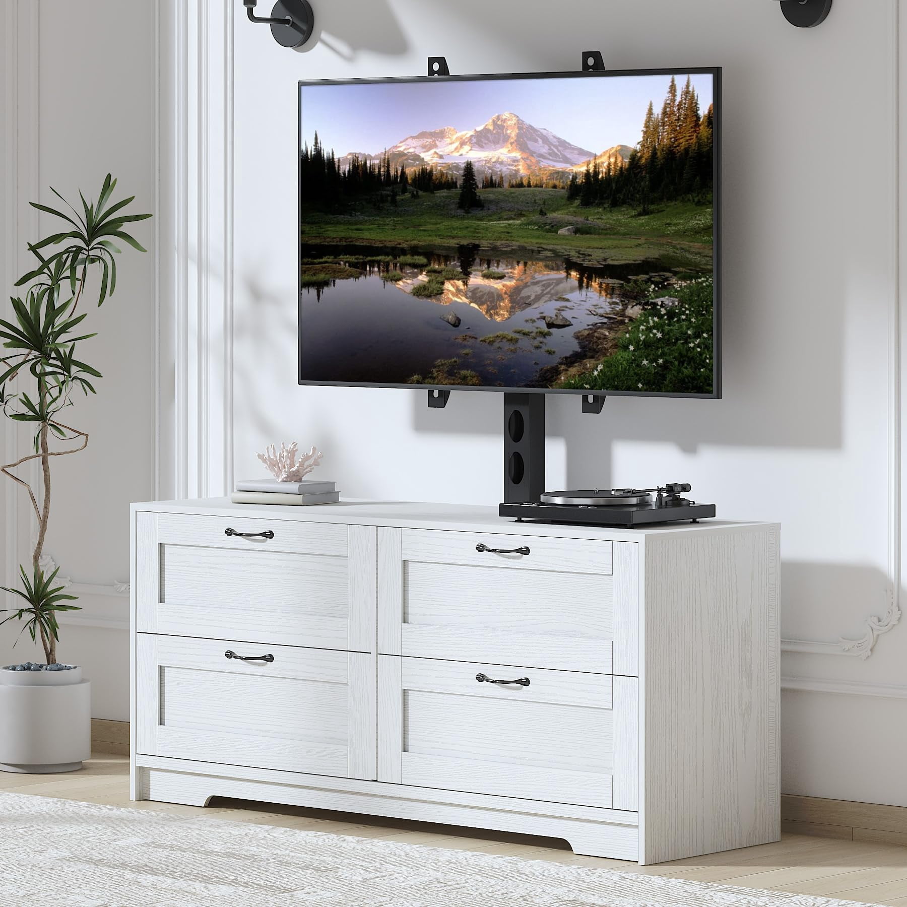 TV Stand with Mount & 4 Drawers, Wooden Entertainment Center for TVs Up to 80 Inch, Adjustable Media Console Table for Living Room Bedroom, White