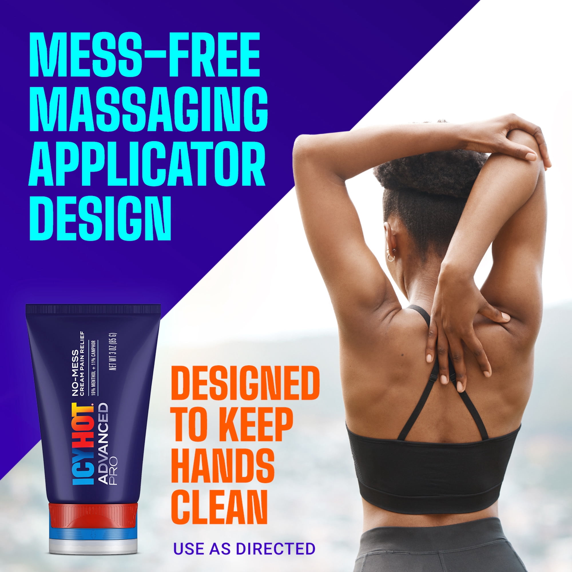 Icy Hot Advanced PRO Pain Relief No-Mess Cream With Massaging Applicator, Max Strength Pain Relief With Menthol 16% and Camphor 11% for Backaches, Joints, Muscle Strains and Arthritis, 3 oz