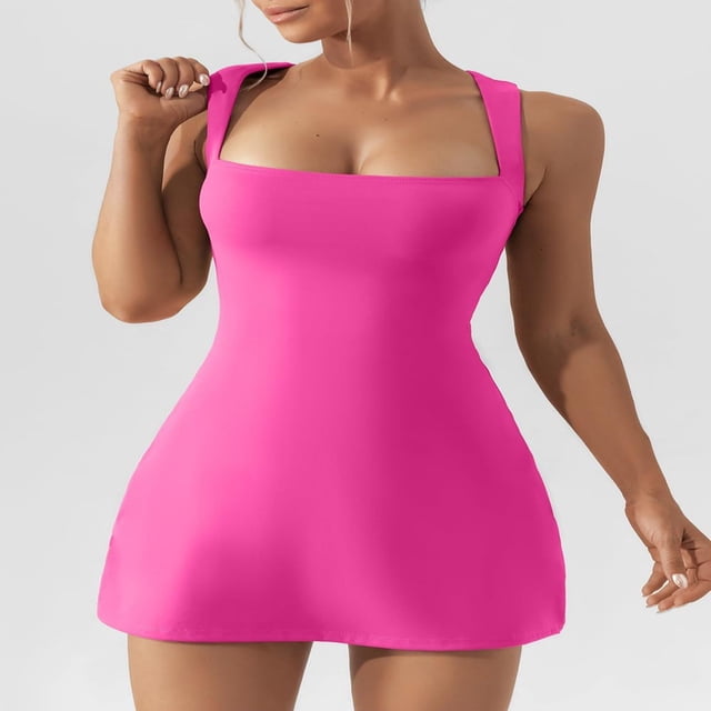LYMAYTER Robe à Encolure Carrée pour Femme, Robe d'Été à Dos Nu Extensible, Mini-Robe, Robe de Fête/Boîte de Nuit, Tailles P-TG