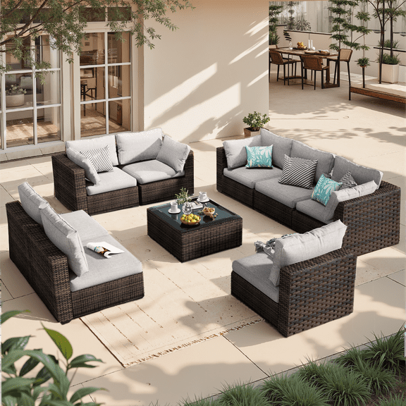 Grezone 9 Pieces Outdoor Patio Furniture, PE Wicker Rattan Sectional Sofa Patio Conversation Sets