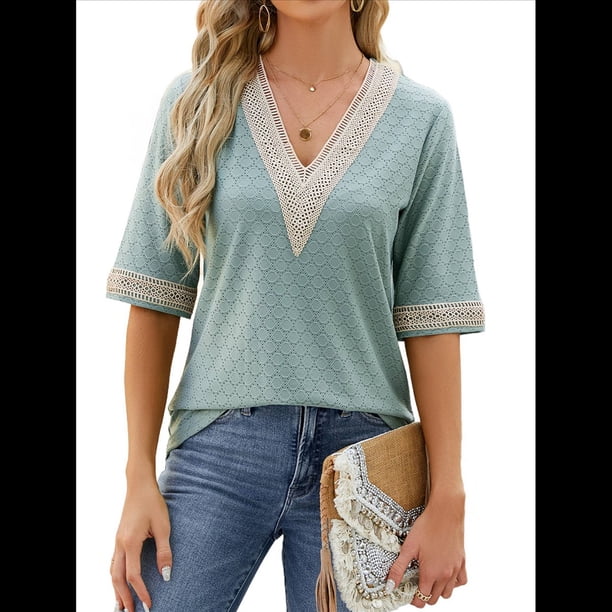 Blusa Tipo Túnica de Hueca con Encaje de Crochet, Cuello en V, 3/4, Color Liso, Talla Grande, para Mujer. Verde Oscuro M