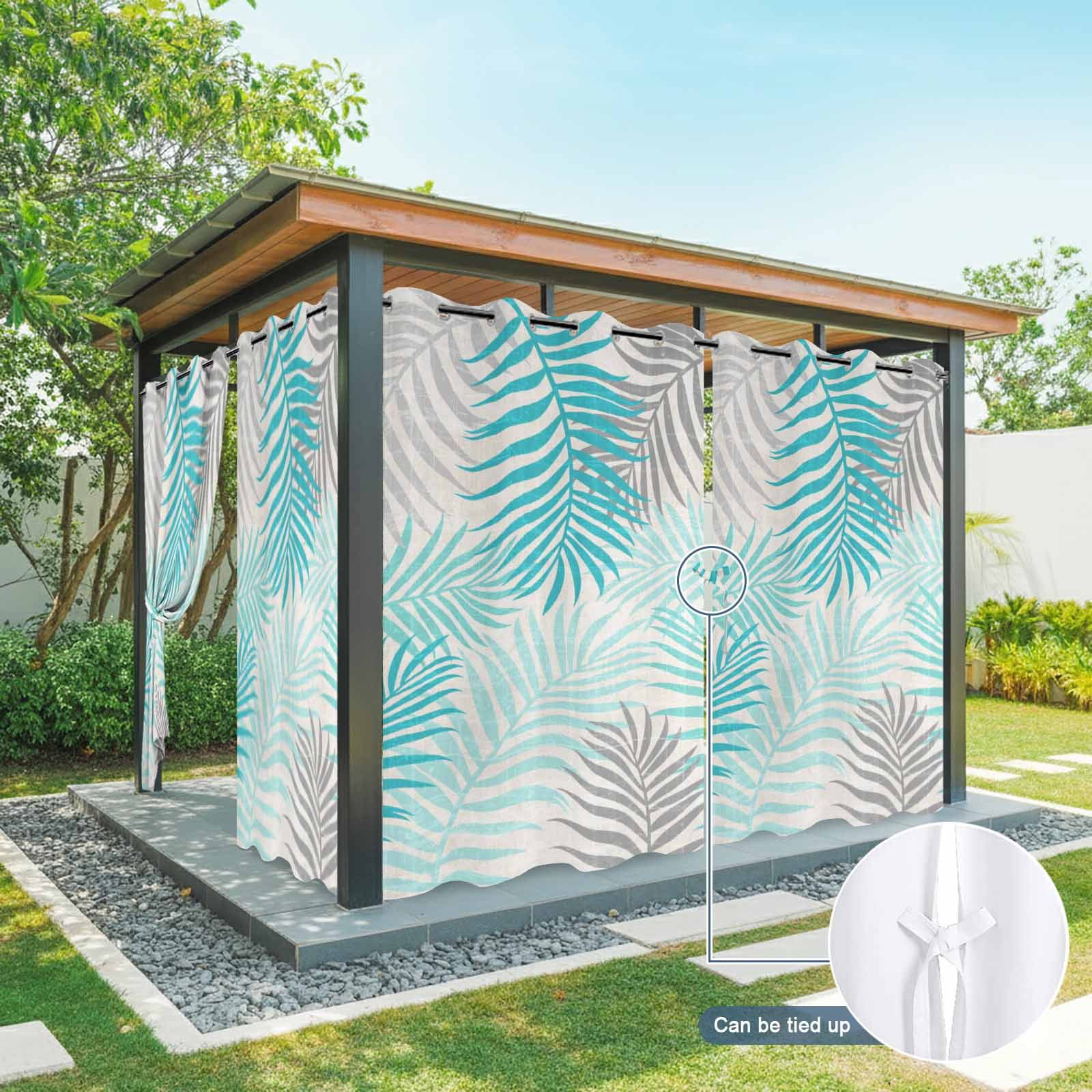 Teal Grey Palm Leaves Outdoor Curtains for Patio, Summer Botanical Vintage Tropical Leaf Rustic Sunshade Privacy Drapes Grommet Waterproof Outside Curtains for Porch/Cabana/Balcony 54"x 108", 1 Panel