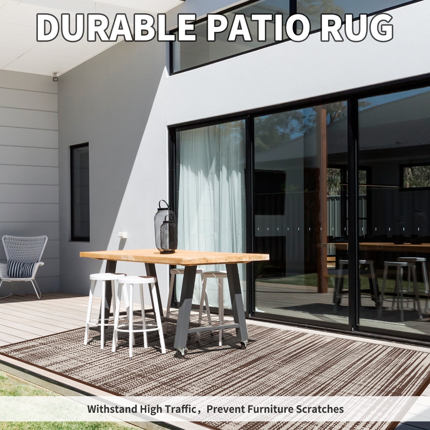 VUNATE Outdoor Rug Carpet 5'x8' Waterproof Reversible Patio Rug Portable Modern Abstract Indoor Outdoor Rug Plastic Straw Rug for RV Camping Garden Picnic Deck Backyard Porch Decor Beige and Brown