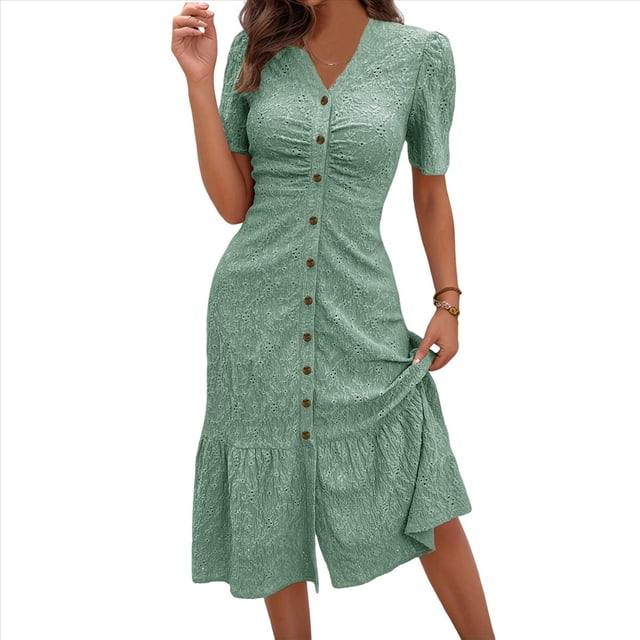 Vestido Veraniego Informal de Corta con Cuello en V para Mujer, con Botones y Estampado Floral, y Bolsillos Verde S