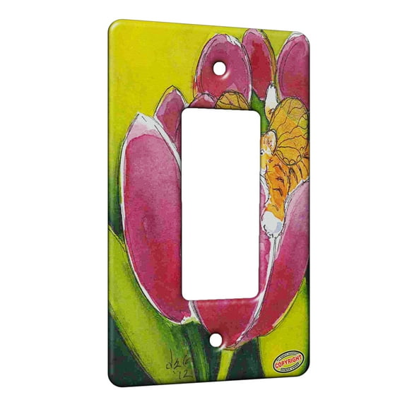 KuzmarK™ 1 Gang Rocker Wall Plate - Bengal Tiger Cub Kitty Fairy with Plum Tulips Fantasy Cat Art by Denise Every