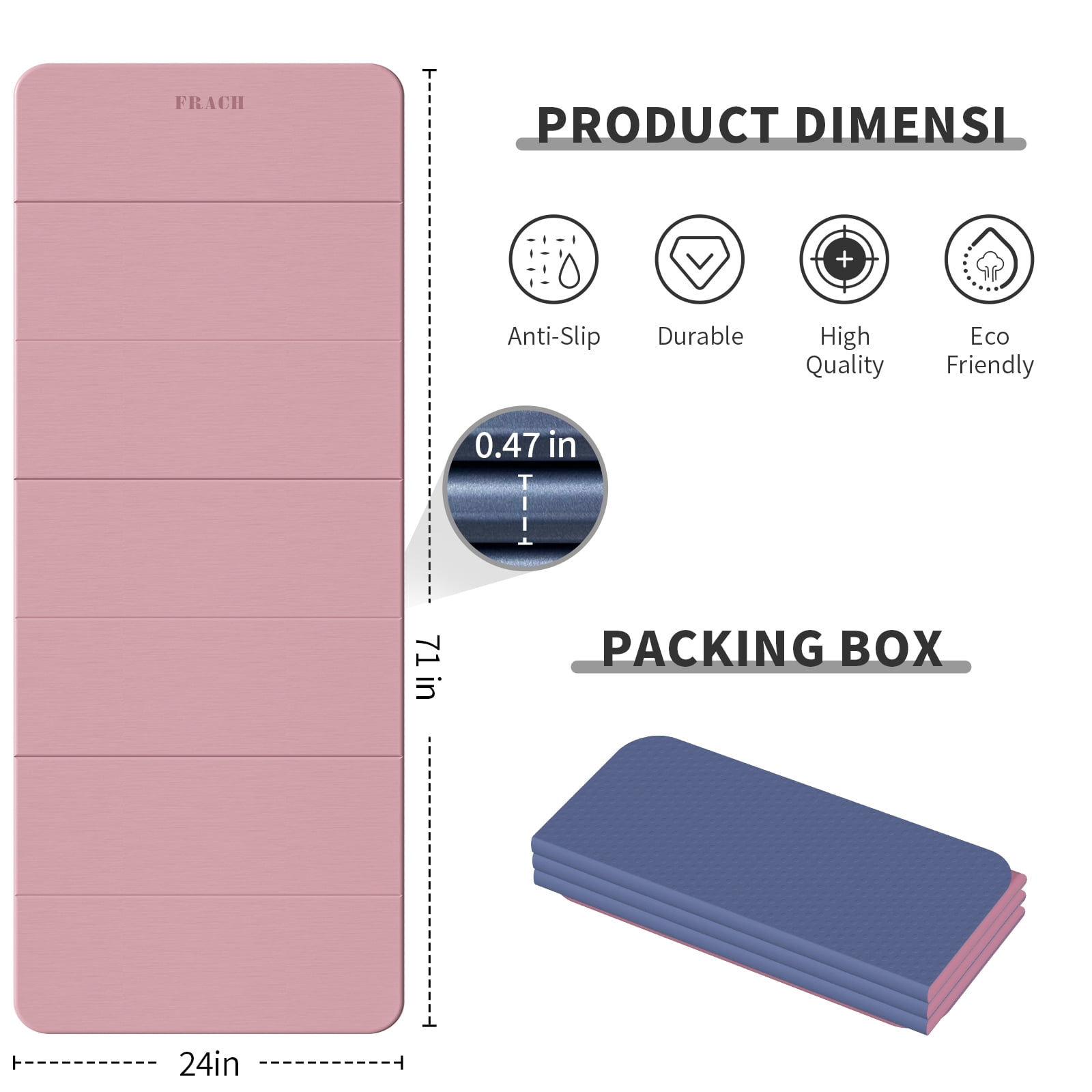 Frach Foldable Yoga Mat Extra Thick 0.5",Non-Toxic Odorless Joint Support for Beginner,Gymnastics Mat for Indoor and Outdoor(Pink+Blue)