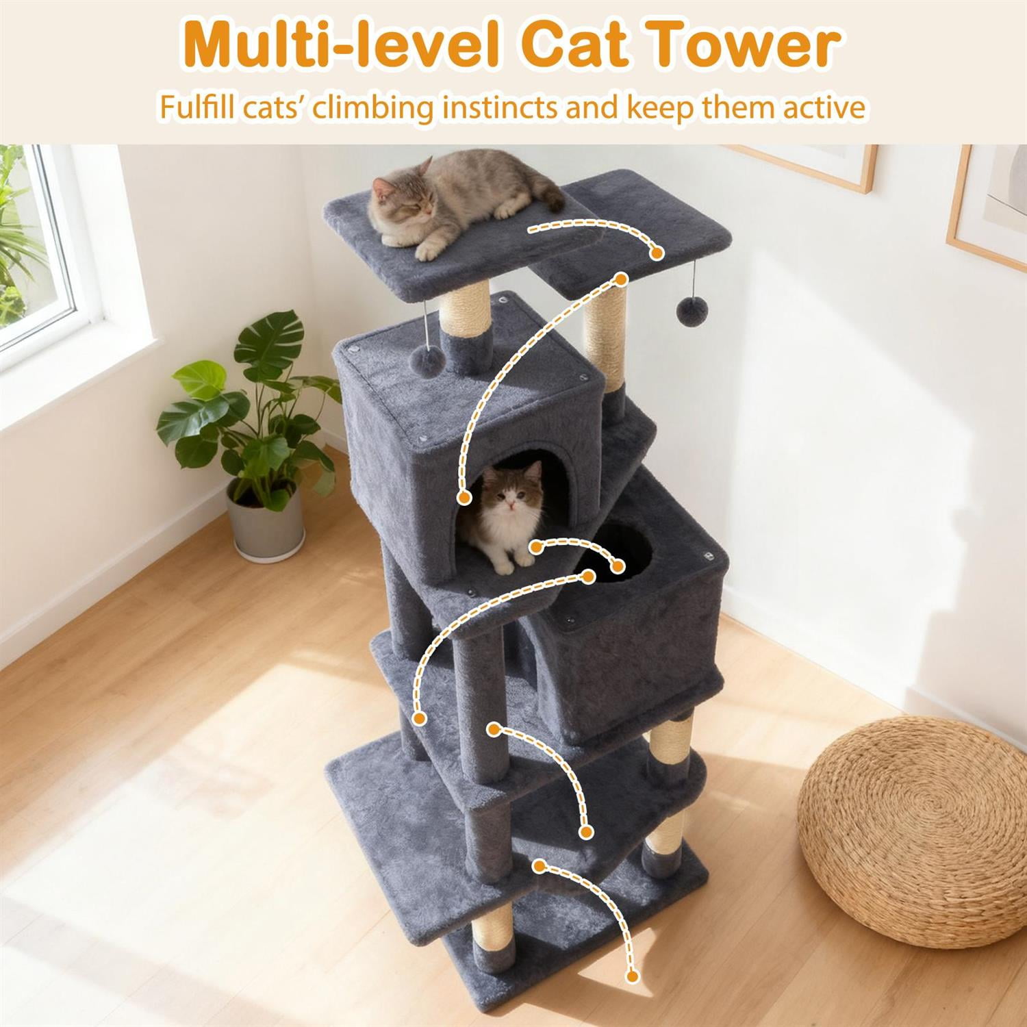 Pefilos 57" Cat Tree, Dual Condos & Hammock, 2 Dangling Balls & Sisal Scratching Posts, Gray
