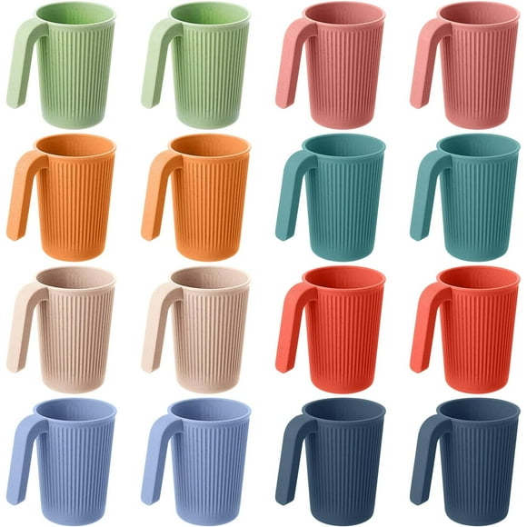16 Pcs Wheat Straw Cup with Handle Colorful Wheat Straw Mug Stackable Plastic Coffee Cups Set 12 oz Unbreakable Reusable Plastic Coffee Mug Dishwasher Safe for Milk Tea, 4.3 x 3 Inch