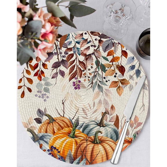 15 Inch Round Placemats Set of 4, Orange Blue Fall Non Slip Heat Insulation PP Table Mats, Retro Thanksgiving Pumpkins Botanical Washable Place Mats for Kitchen Dining Party Table Decor