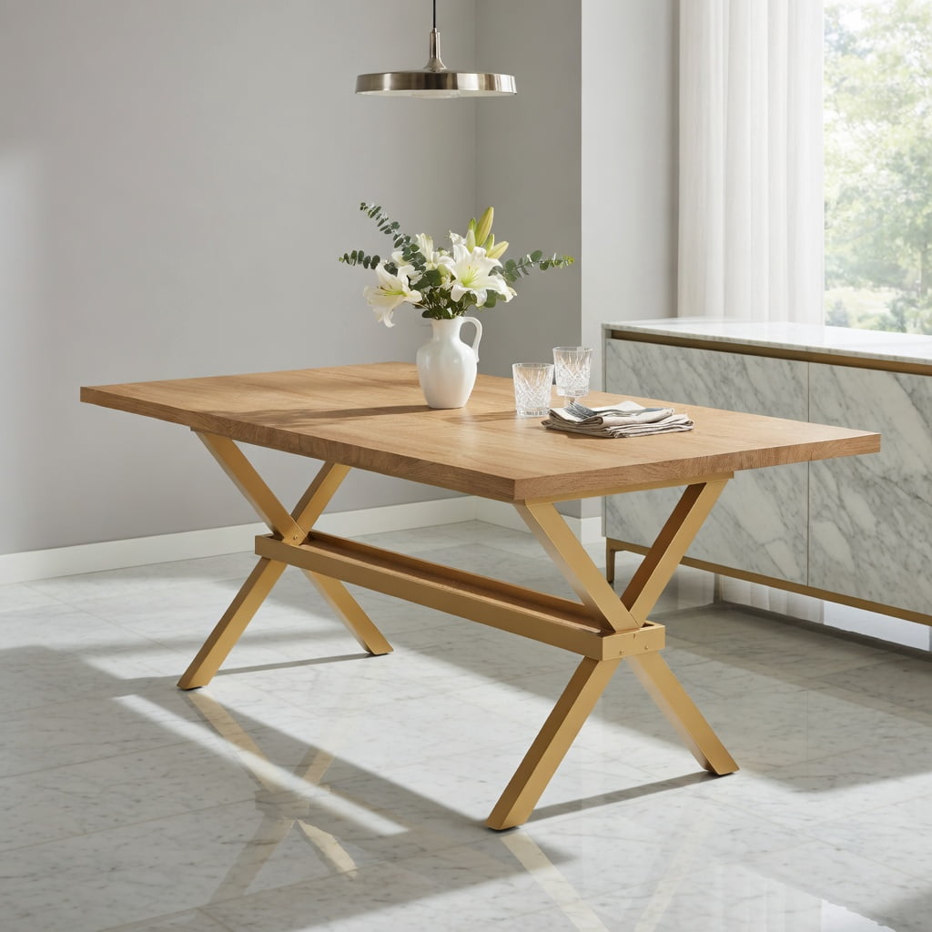 Hommoo Modern Light Wood MDF Dining Table with X-Shape Metal Base, 71" x 35.4" Extendable Rectangular Table for 6-8 People, Minimalist Home & Office Use, Natural