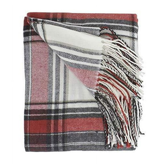 Fennco Styles Classic Plaid Pattern Tassel Trim Throw Blanket 50 x 60 Inch - Red White Throw for Couch, Home Decor and Holiday Winter Season