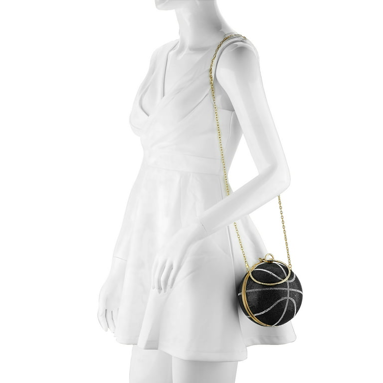 Rhinestone Basketball Purse for Women, Small Round Ball Crystal Evening Bag, Glitter Clutch Crossbody Shoulder Handbag for Wedding Party (Black)