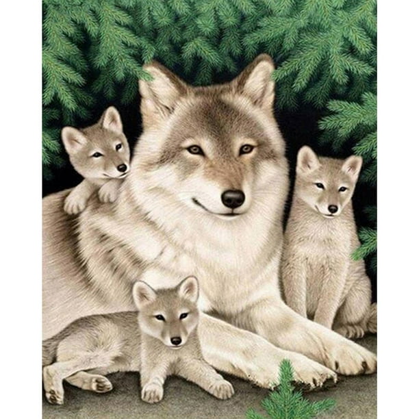 Pintura de diamante (DE4586) Familia de lobos DIY Punto de cruz redondo Costura de diamantes de imitación 30x40cm FLhrweasw Nuevo
