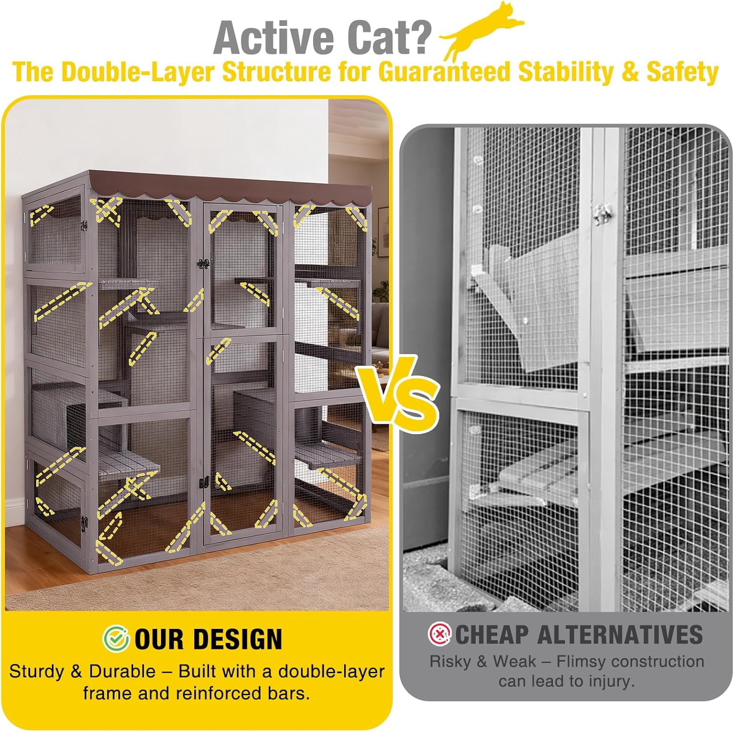 MEDEHOO Catio Cat Enclosure Large Window Cat House for Outdoor Cats, Walk-in Kitty Cage with Tarp Roof, 7 Platforms, 2 Resting Boxes, Indestructible Feral Cat Shelter for Backyard - Grey