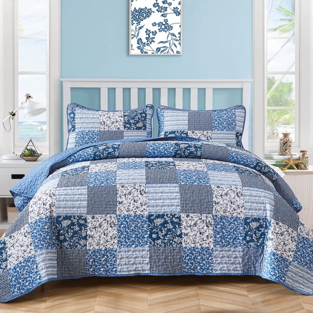 Juego de colcha Mybedsoul Blue Boho Queen, tamaño queen, 3 piezas