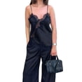 thumbnail image 3 of Women Satin Lace Camisole Top Sleeveless Spaghetti Strap Silk Lace Trim Top Black S, 3 of 10