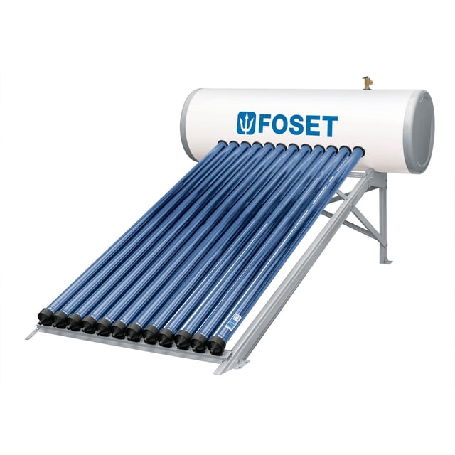 calentador solar de agua heat pipe 12 tubos 150l, 4 personas Foset. Vista frontal en 3/4 de un calentador solar doméstico gris con tanque cilíndrico blanco sobre soporte metálico inclinado; doce tubos de vacío azul conectados en paralelo, grifo de latón en la parte superior, modelo CALE-12HS, para uso doméstico hasta 4 personas. Suele usarse también para precalentar agua en lavandería pequeña.