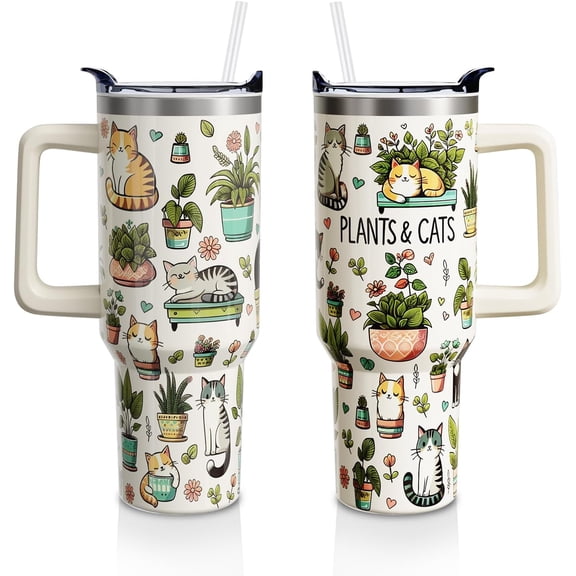 40 Oz Cat-Themed Tumbler with Handle & Straw Lid - Stainless Steel Insulated Water Bottle Cup for Men and Women