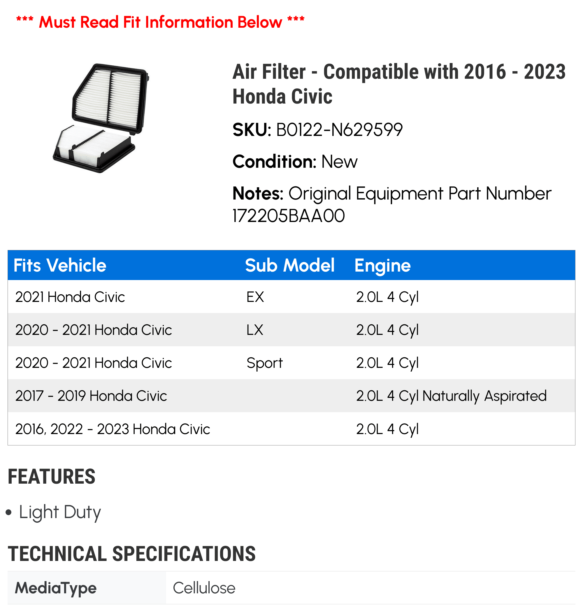WIX Filters B0122-N629599 Light Duty Cellulose Engine Air Filter for 2016 - 2023 Honda Civic