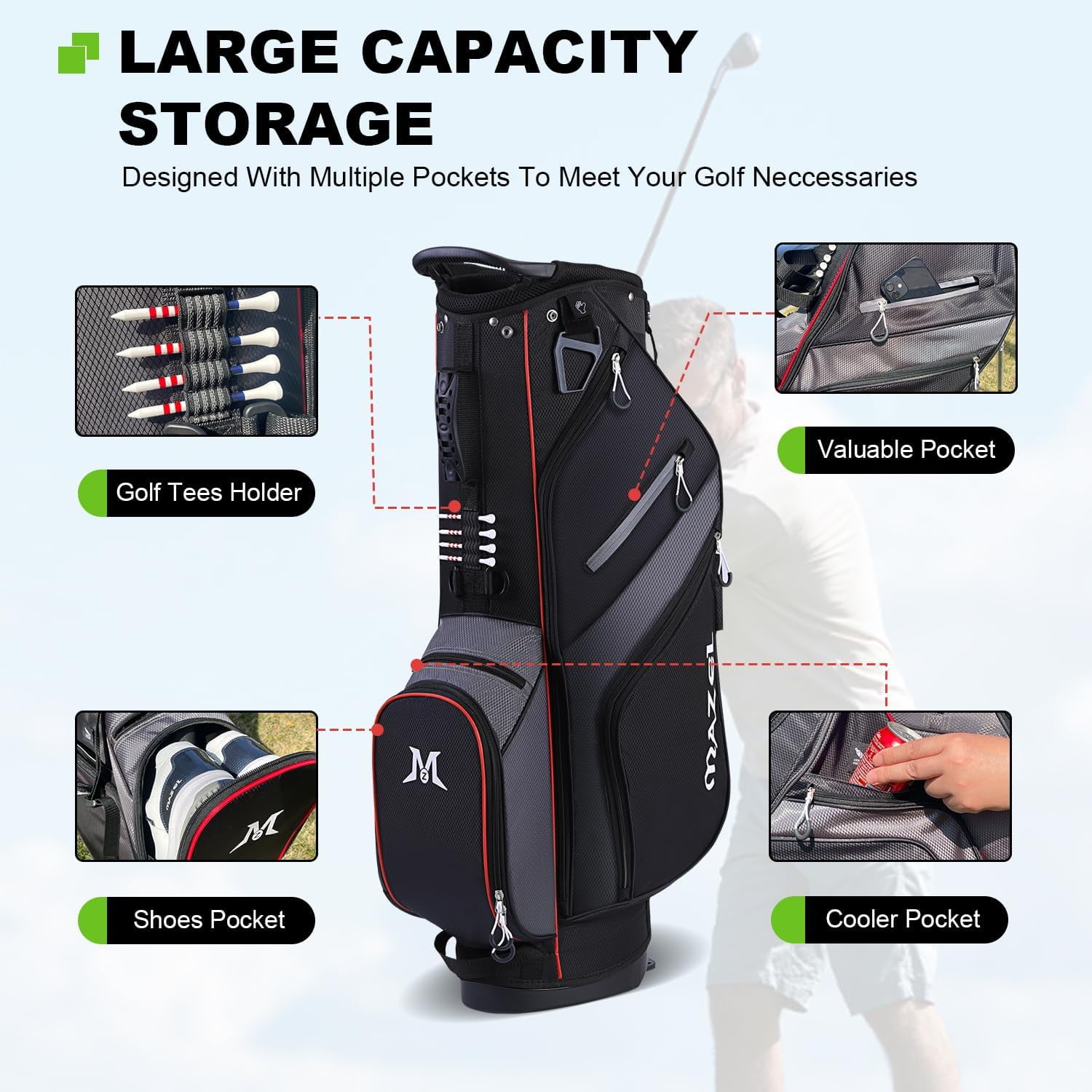 MAZEL 6-Way Golf Stand Bag for Men and Women, Lightweight Golf Bag with Stand,Dual Strap,Dust Cover