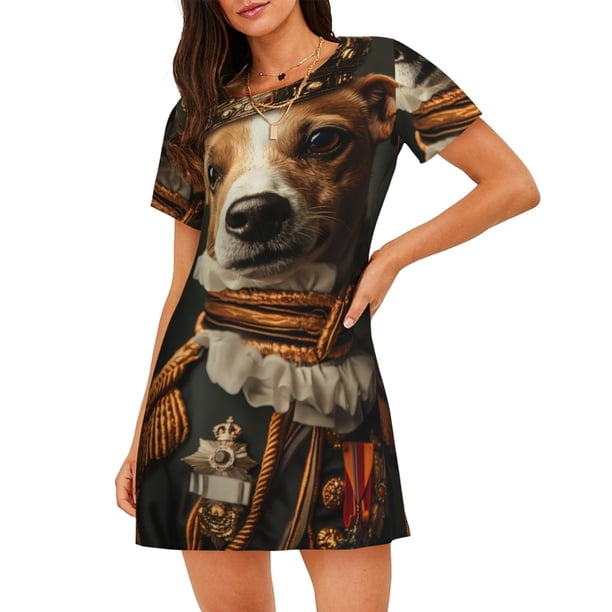 Fotbe Modern Cute Dog Bata de Dormir para Mujer con Estampado, Camisón de Algodón de Manga Corta, Ropa de Dormir Casual