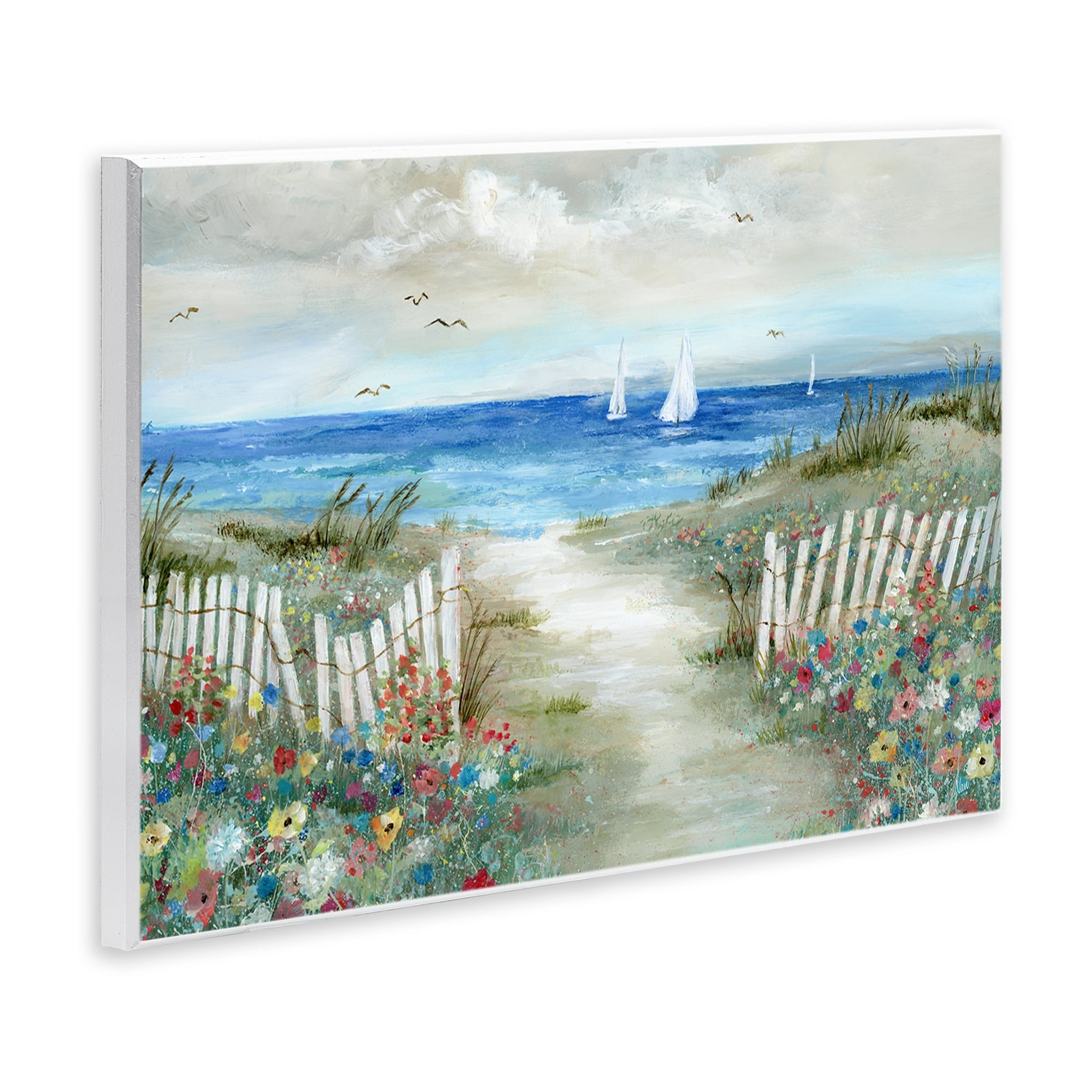 Stupell Industries Gorgeous Beach Scene Poppies Blooming White Fence Ocean Paintings Unframed Art Print Wall Art, 19x13, by Nan