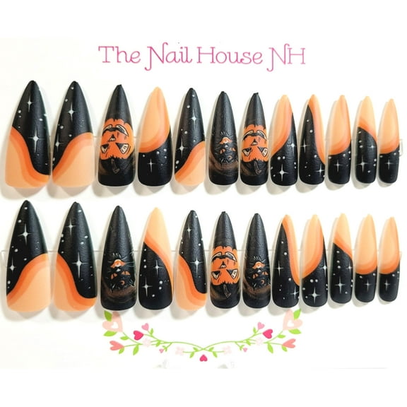 Under The Pumpkin Orange Sky Matte Stiletto Press On Nails - 24 Pieces - Artificial Nail Kit - Halloween Nails