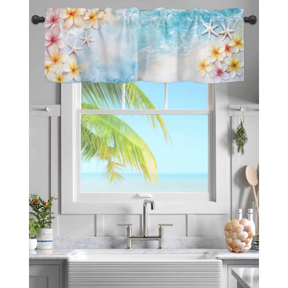 Rod Pocket Window Valances Pink Yellow Flower Ocean Starfish Short Kitchen Curtains Summer Coastal Beach Window Treatment Drapes for Bedroom Bathroom Living Room 54x18In,1 Panel