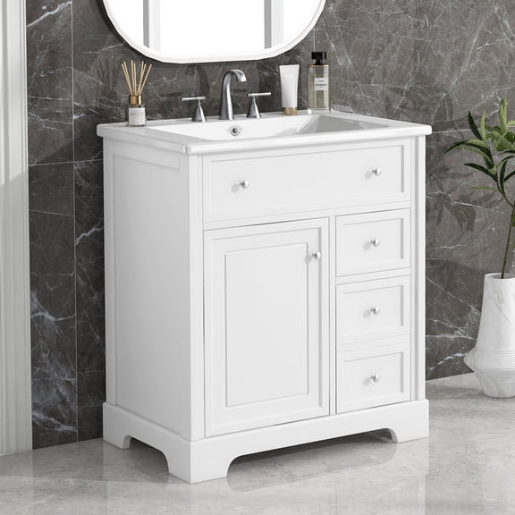 30" Bathroom Vanity with Sink, White Vanity Cabinet with 2 Drawers & Door, Compact Freestanding Vanity for Small Bathroom, Solid Wood & MDF, One Package