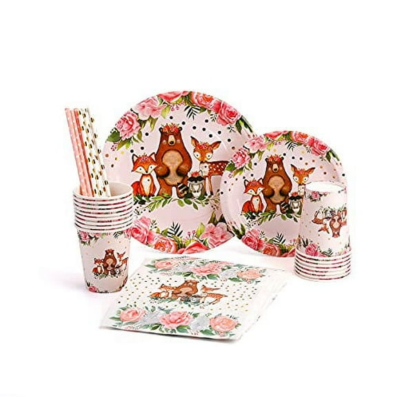 Gold Foil Girl Woodland Party Supplies, 24 Guests Dinner Plates, Dessert Plates, Cups, Gold Straws and Napkins for Baby Shower and Birthday Party, Forest Animal Friends Theme Party Supplies Pink