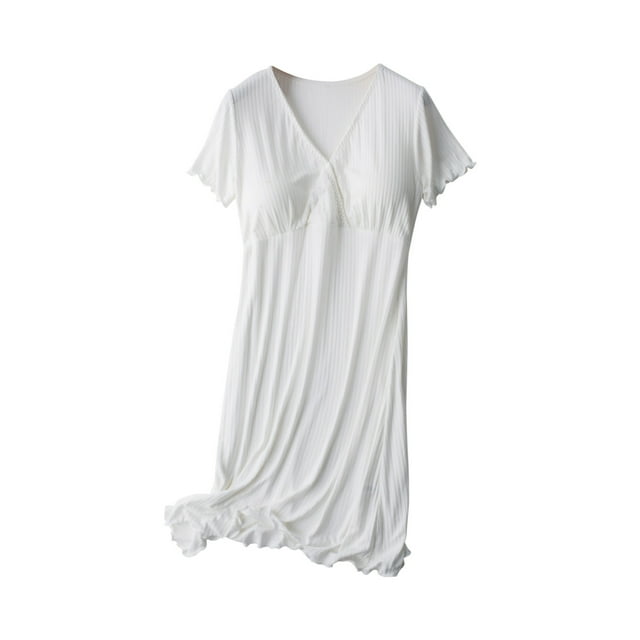 Zwiiyzr 2025 Pyjama de Maternité pour Femmes Robe d'Allaitement Col en V Manches Courtes Post-Partum Robe de Grossesse Vêtements de Nuit avec Coussin de Poitrine Vêtements d'Été de Maternité Blanc