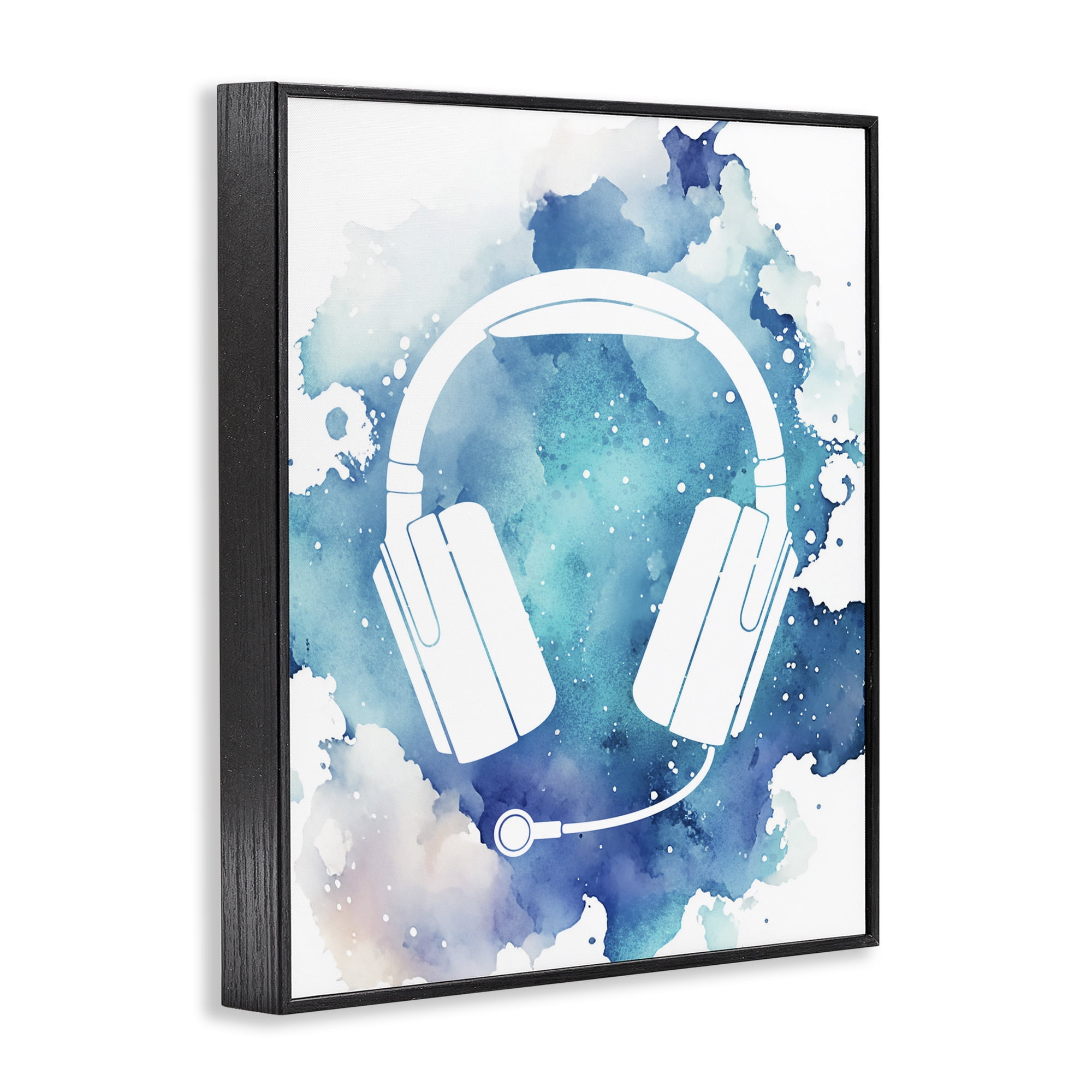 Blue Headphone Splatter Black Framed Giclee Art, design by Marcus Prime