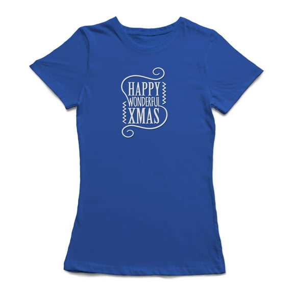 Happy Wonderful Xmas White Text Swirl Graphic Women Royal Blue T-Shirt, Female Medium