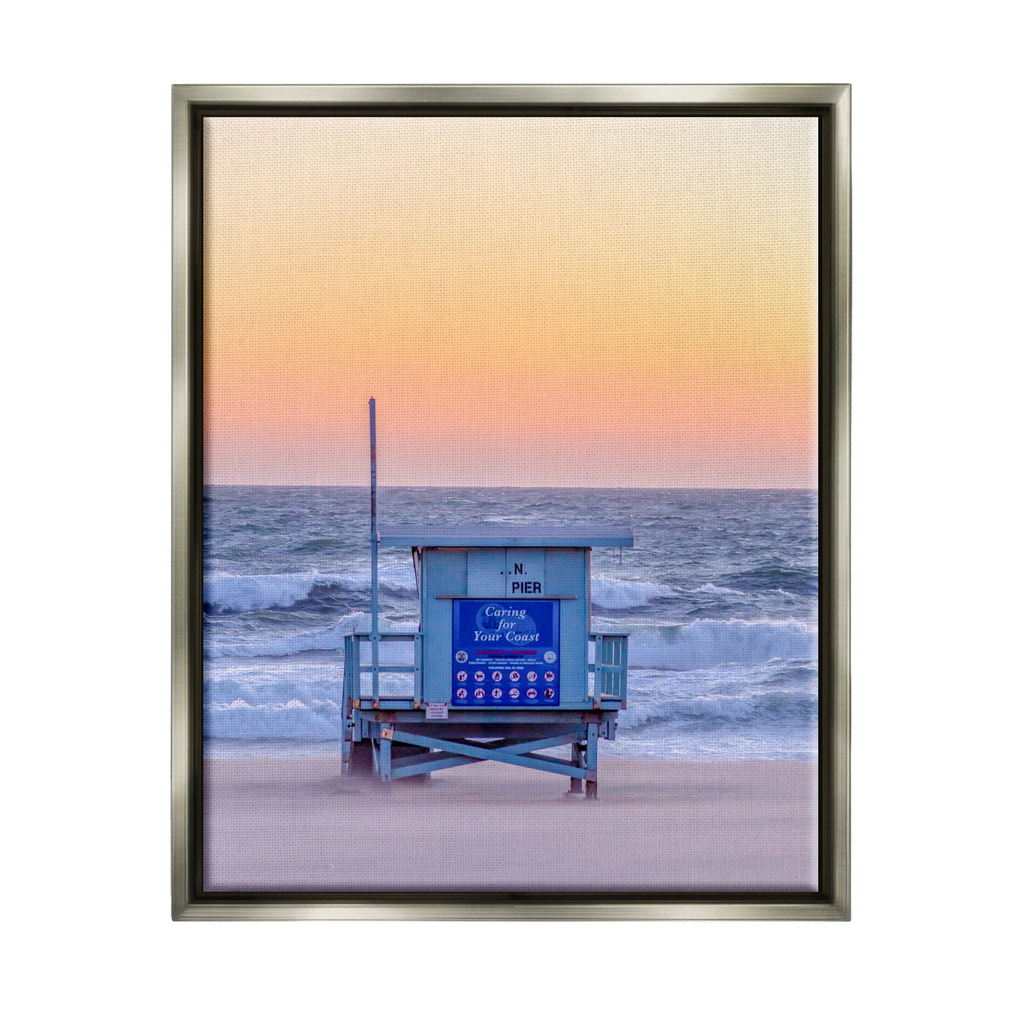 Stupell Industries Tranquil Orange Sunset Beach Hut Ocean Shore Photograph Luster Gray Floating Framed Canvas Print Wall Art, Design by Jeff Poe