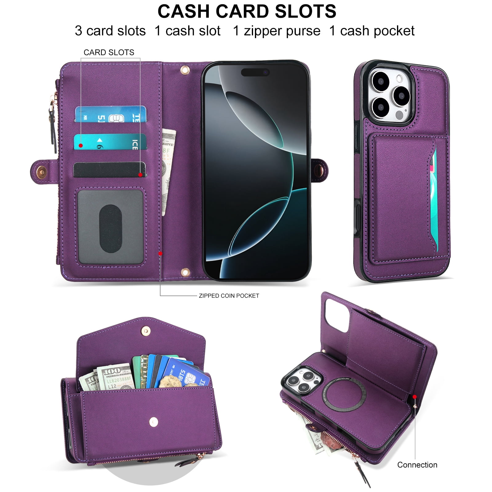 Designed for iPhone 15 Pro Multi-Function Wallet Phone Case,With Shoulder Strap&Wrist Strap,Cash Pocket&Card Slots,Zipper Purse,Magnetic Detachable PU Leather Flip Phone Case,Purple