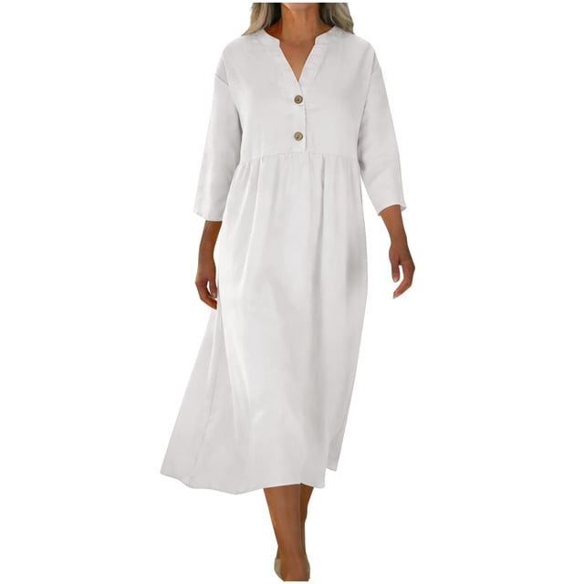 Mceream Plus Size V-Neck Long Dress with Button Front, Flowy A-Line Cut, Soft Cotton Blend for Everyday Wear & Work – Elegant & Comfortable White M