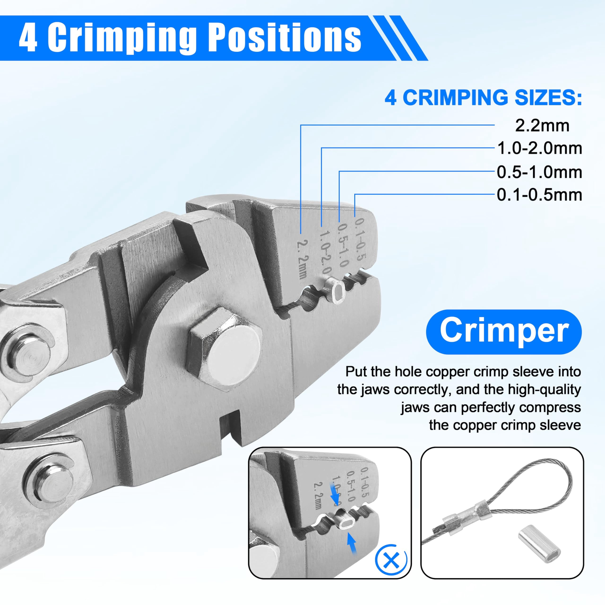 Wire Rope Crimping Tool with Cutter + 500pcs Crimp Sleeves Set Effort-Saving Fishing Crimping Pliers Stainless Steel Fishing Wire Crimper Tool, 4 Size Crimp Sleeves Fishing Tackle Pliers