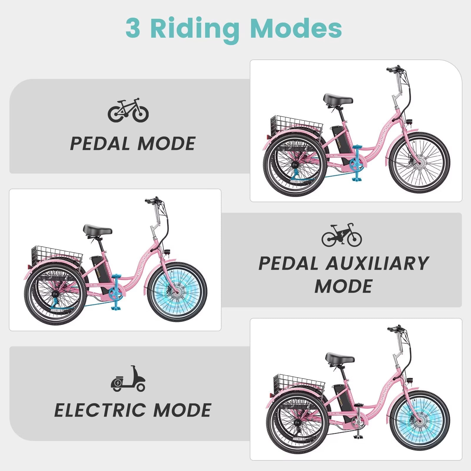 MOONCOOL 24" Electric Tricycle for Adults, 350W 36V 7 Speeds Electric Trike, 3 Wheels Adult Electric Tricycle Bicycle with Large Basket & Tool Kits