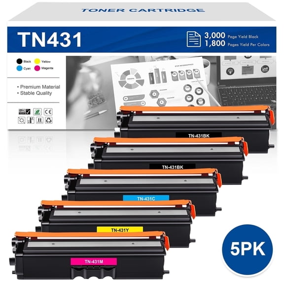 TN431 Toner Cartridge 5-Pack Compatible for Brother TN433 TN431 TN436 TN431BK TN433BK for HL-L8360Cdw MFC-L8900Cdw HL-L8260Cdw MFC-L8610Cdw Printer Ink (Black Cyan Magenta Yellow)