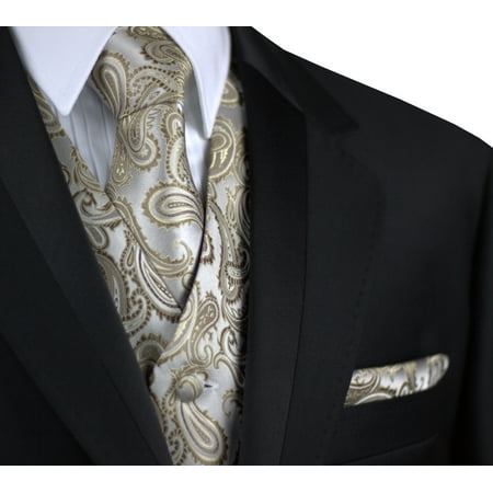 Italian Design, Men's Formal Tuxedo Vest, Tie & Hankie Set for Prom, Wedding, Cruise in Dark Champagne