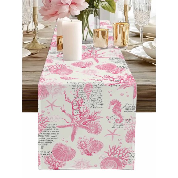 Table Runner Pink Starfish Conch Table Runners Shell Seahorse Cotton Linen Dresser Scarf Kitchen Dining Table Decor for Home Dinner Party Decor 13x36 Inch