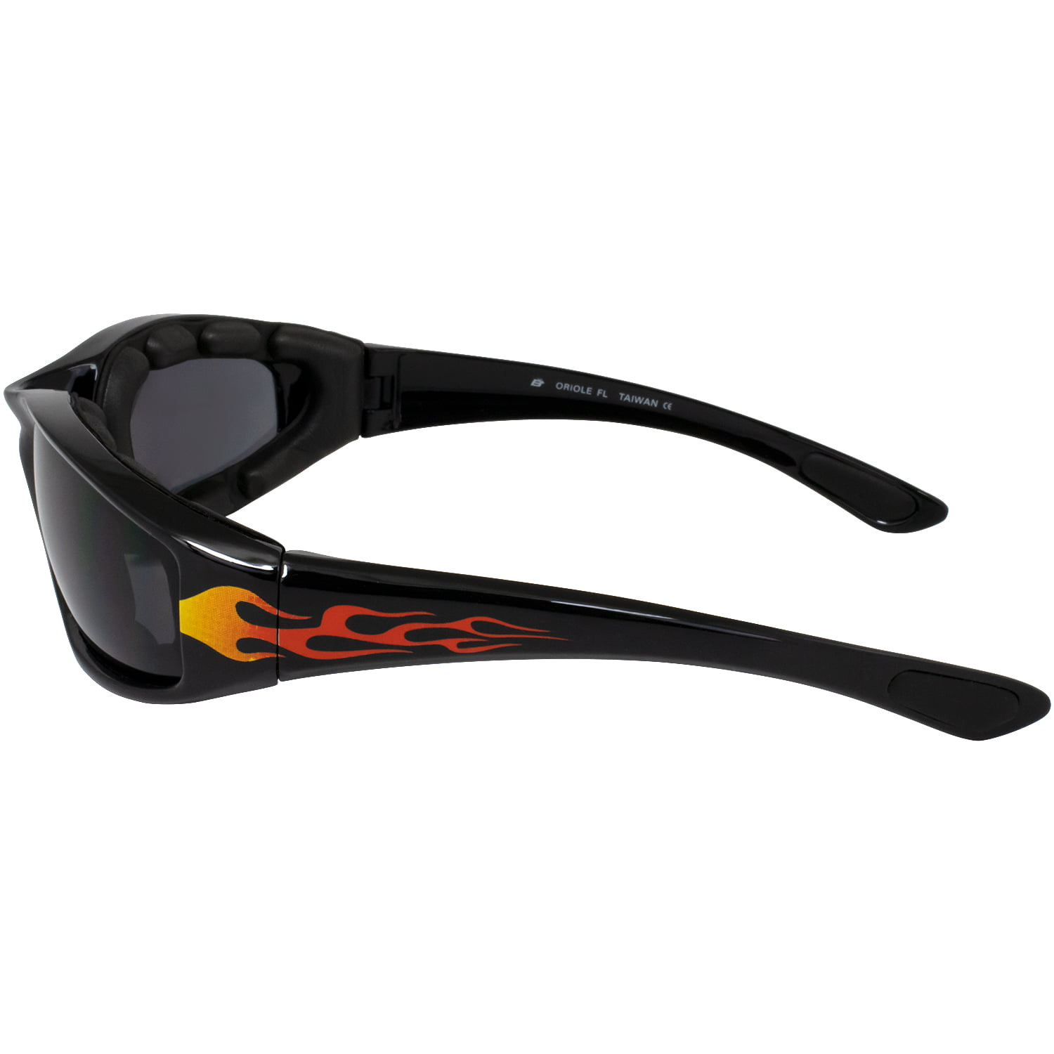 lenses that are shatter resistant polycarbonate 3 Motorcycle Flame Sunglasses Glasses Padded Black frames with Fire on sides rated UV400 Anti-Fog coated each lens Clear Smoked Yellow Each comes with a soft micro-fiber bag to store them in Also has comfor 