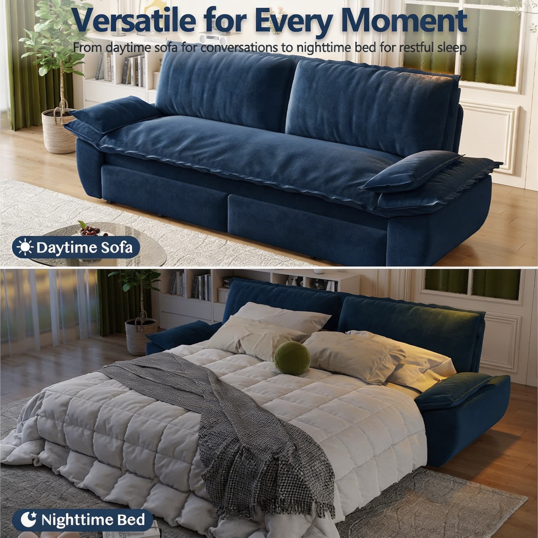 Multi-Functional Velvet 3-in-1 Convertible Sofa Bed, Queen Size Sleeper Loveseat with 2 Pillows, Dark Blue