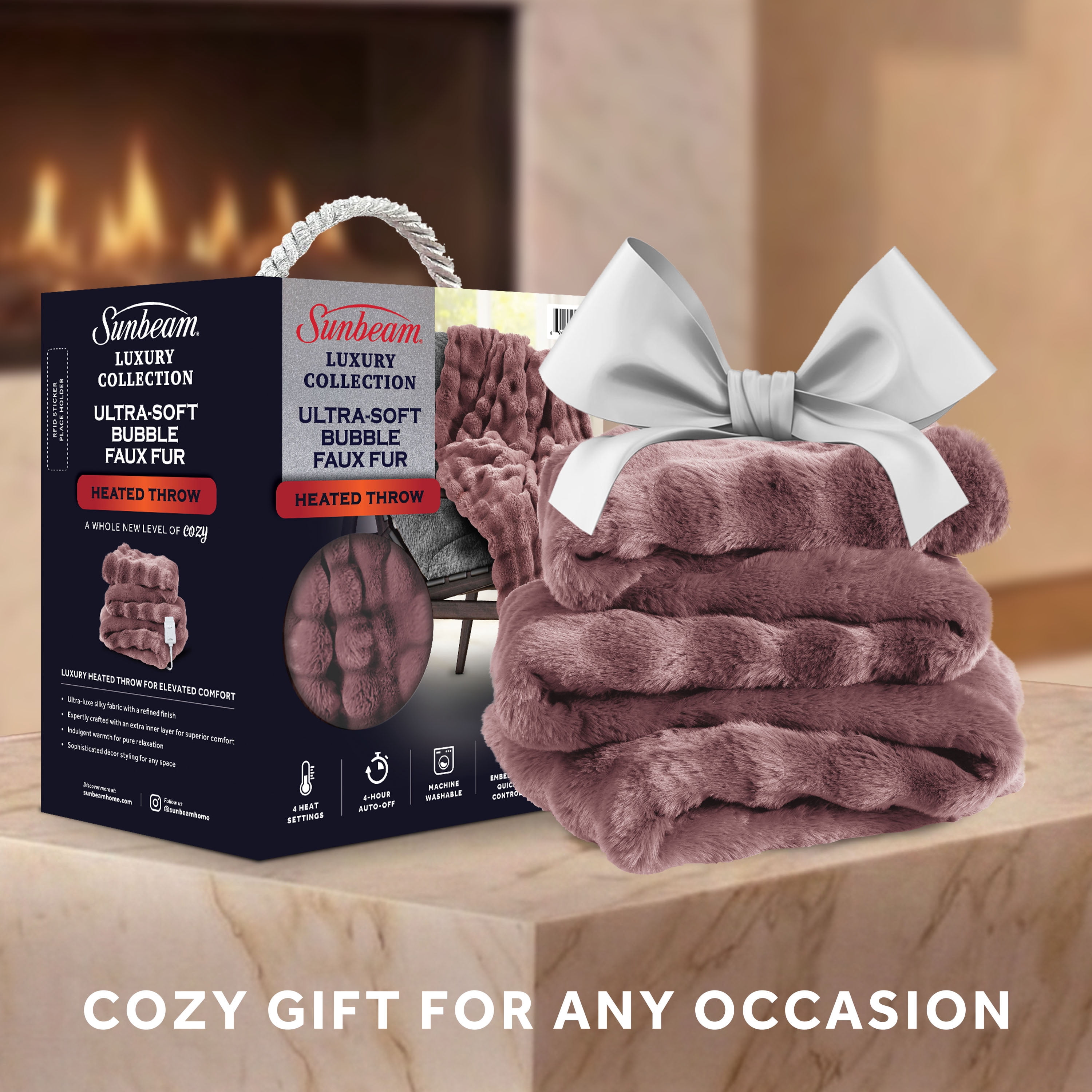 Sunbeam Heated Electric Bubble Faux Fur Throw Blanket, Luxury Collection, Violet, 4 Heat Settings, 50 x 70 in
